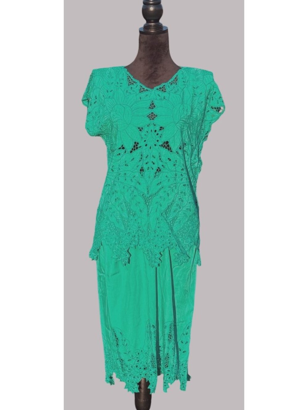 Handcrafted Bali 2Pc Turquoise Embroidered Lace Top Maxi Skirt Set Vtg  Sz M